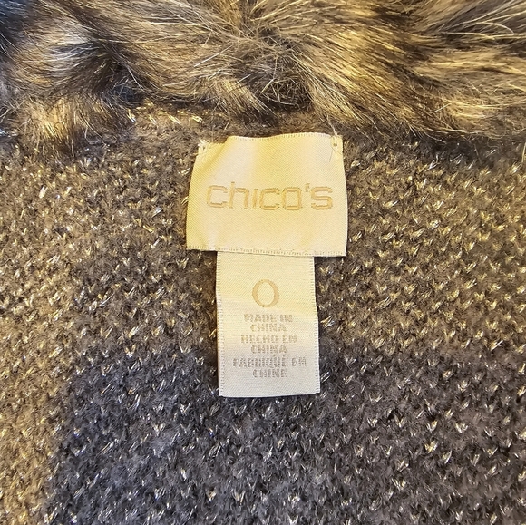 Chico's Faux Fur Collar Gray Silver Metallic Knit Cardigan S - Picture 8 of 11